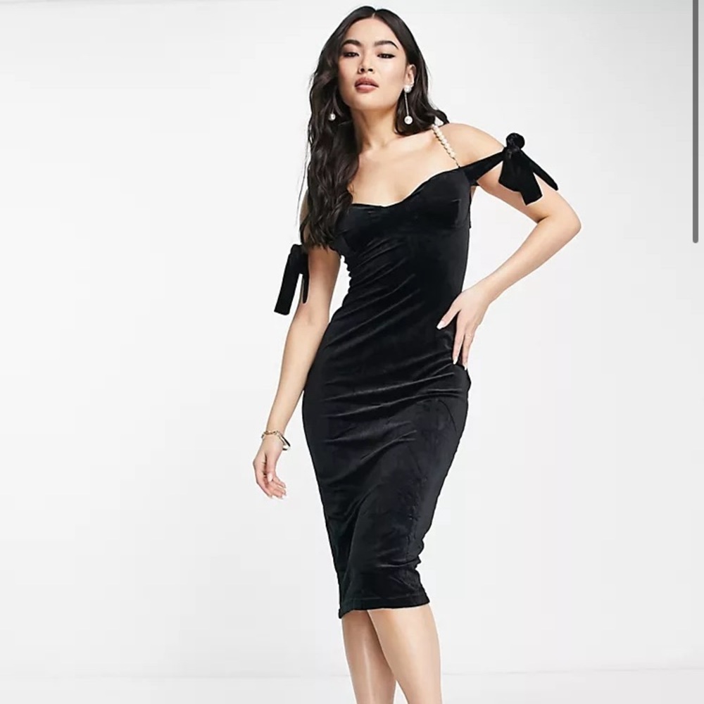 ASOS Femme Luxe black velvet off the shoulder Pearl trim bodycon midi dress